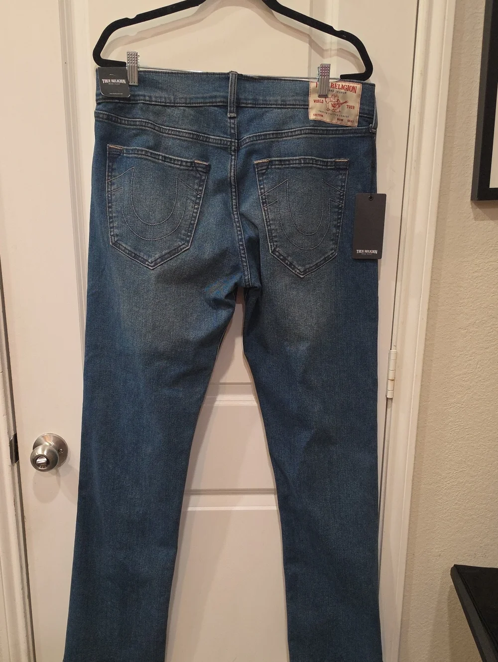 True Religion Ricky RIP Repair Straight Jeans- Medium Blue Comet Wash